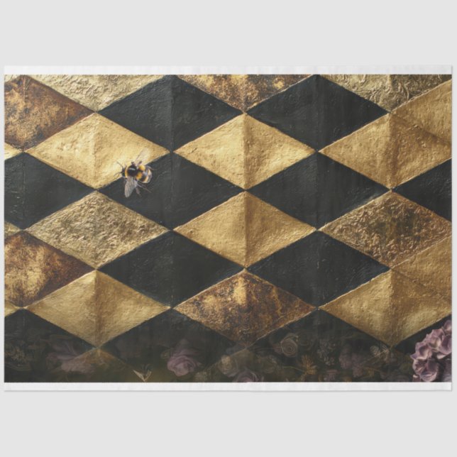 Papel De Seda Black & Gold Diamond Checkers Pattern  (Frente )