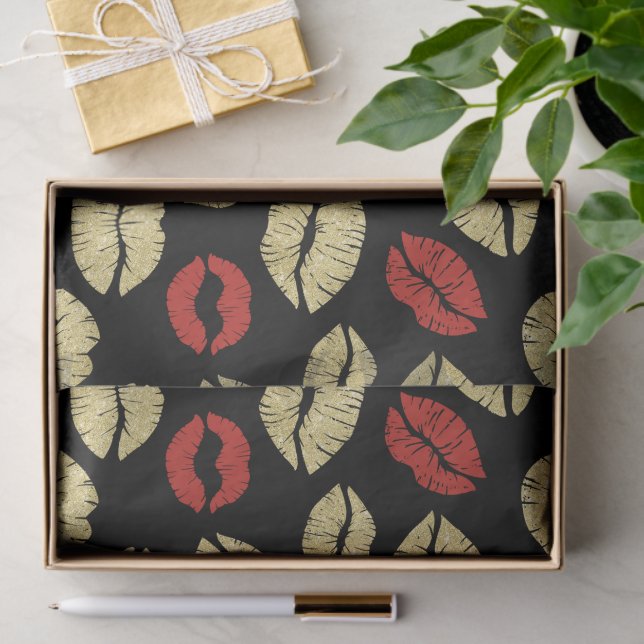 Papel De Seda Black Red Gold Lips Birthday (Presente)