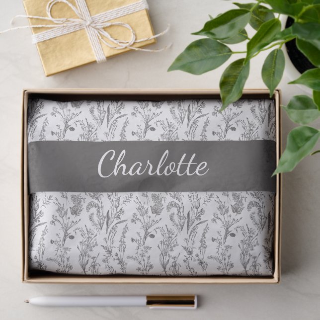 Papel De Seda Black White Toile Floral Custom Name (Presente)