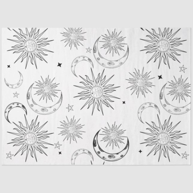 Papel De Seda Black & White Whimsical Sol Celestial Aniversário (Frente )