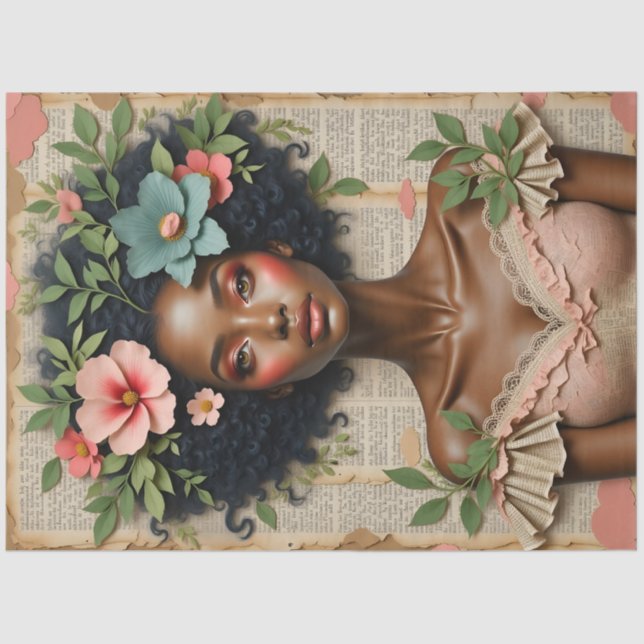 Papel De Seda Black Woman Floral Portrait Decoupage Paper (Frente )