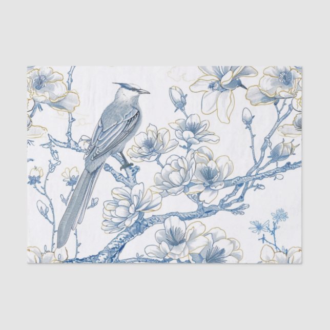 Papel De Seda Blue and Gold Chinoiserie French-Toile Bird (Frente )