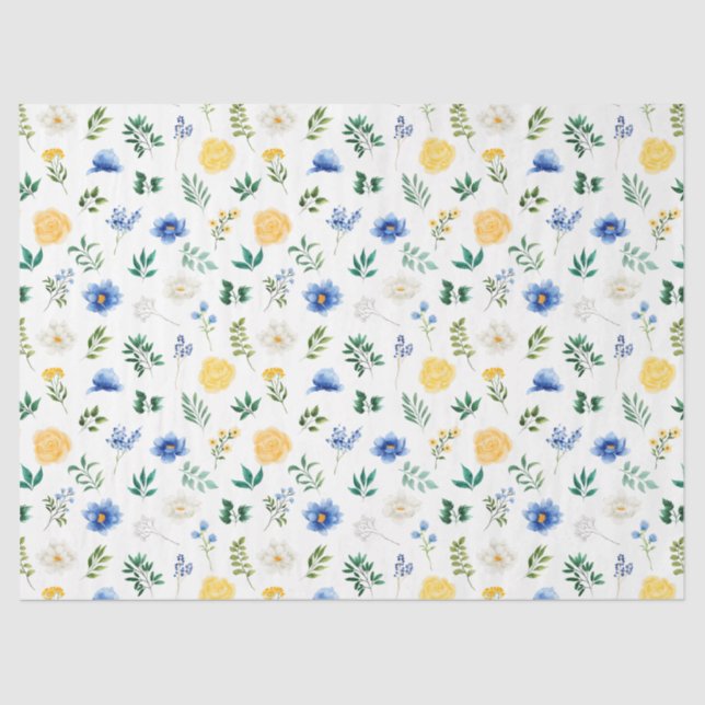 Papel De Seda Blue and Yellow Flowers with Foliage Pattern (Frente )