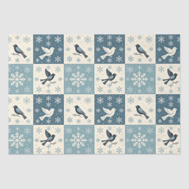 Papel De Seda Blue Birds & Snowflakes Christmas Winter Decoupage (Frente )