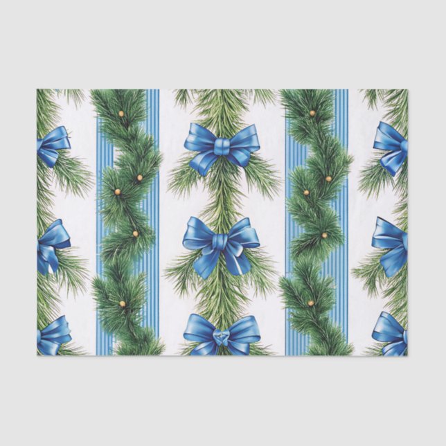 PAPEL DE SEDA BLUE BOWS STRIPES & GREEN GARLAND (Frente )