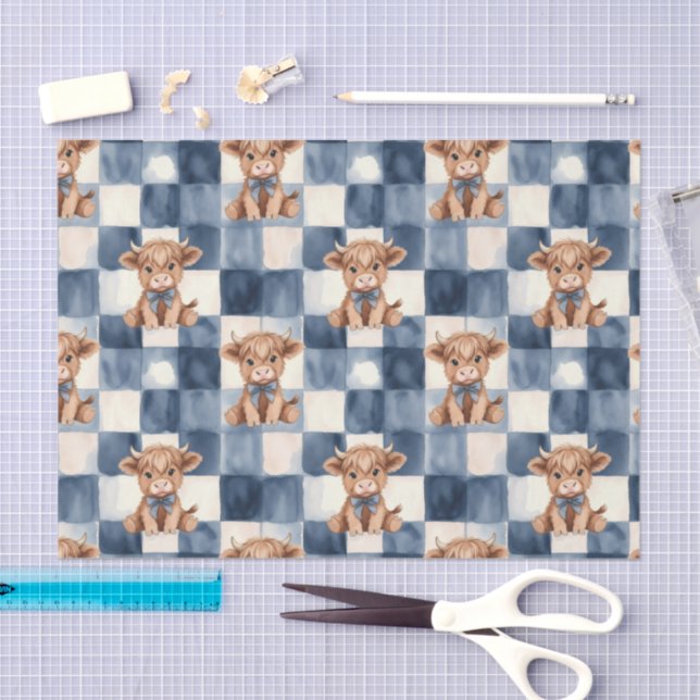 Papel De Seda Blue Checkered Highland Cow Cute Gift Wrap (Arte )