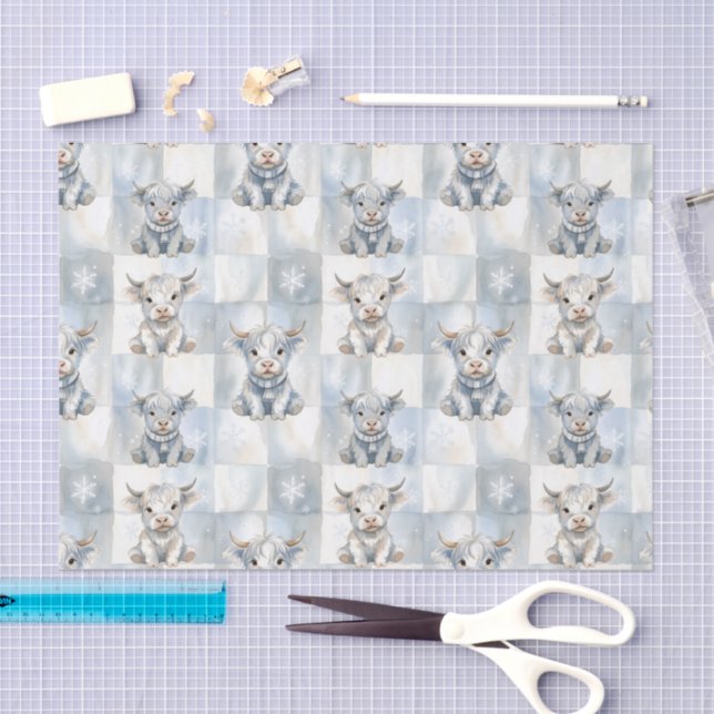 Papel De Seda Blue Checkered Highland Cow Snowflake Cool Winter (Arte )