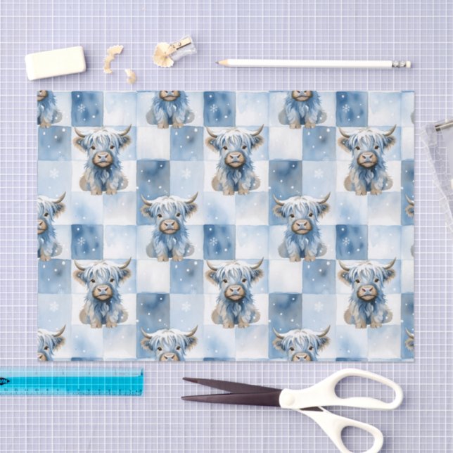 Papel De Seda Blue Checkered Highland Cow Snowflake Winter (Arte )
