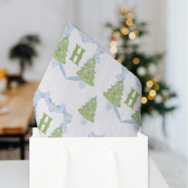 Papel De Seda Blue Chinoiserie Árvore Natal Monograma Crest (Criador carregado)