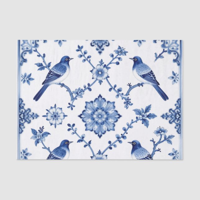 Papel De Seda Blue Chinoiserie Bird Floral Pattern (Frente )