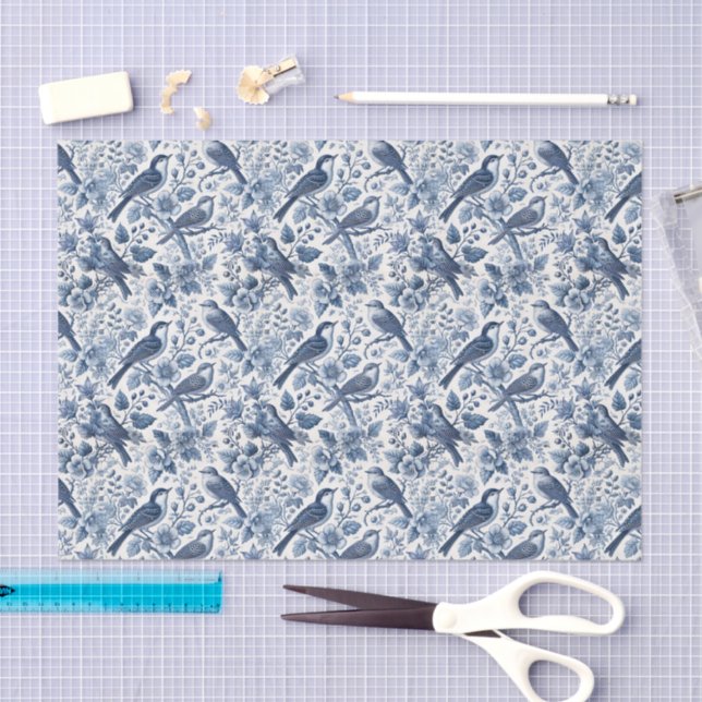 Papel De Seda Blue Chinoiserie Floral Spring Birds Decoupage (Arte )
