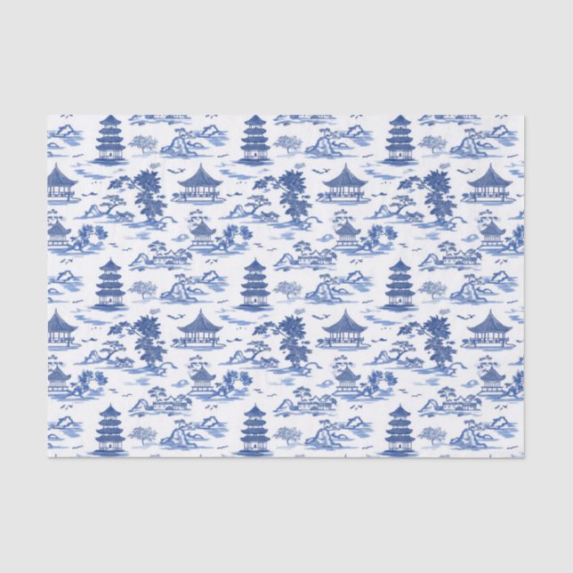 Papel De Seda Blue Chinoiserie Pagodas Toile (Frente )