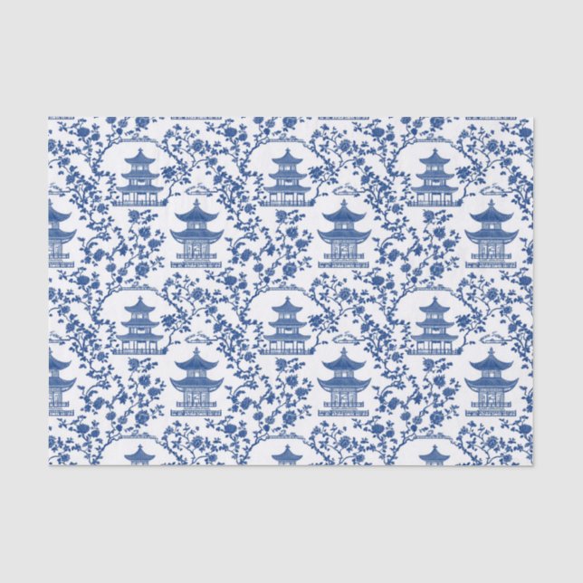 Papel De Seda Blue Chinoiserie Pagodas Toile (Frente )