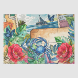 Papel De Seda Blue Crab Tropical Florals & Butterflies