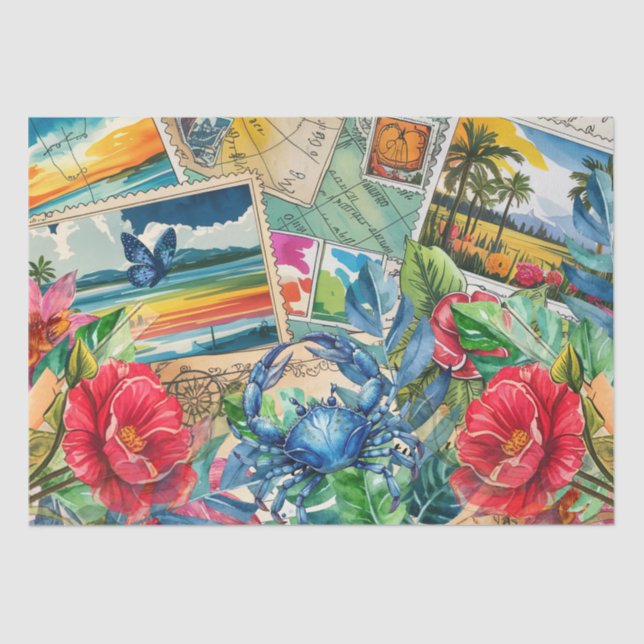 Papel De Seda Blue Crab Tropical Florals & Butterfly Decoupage (Frente )