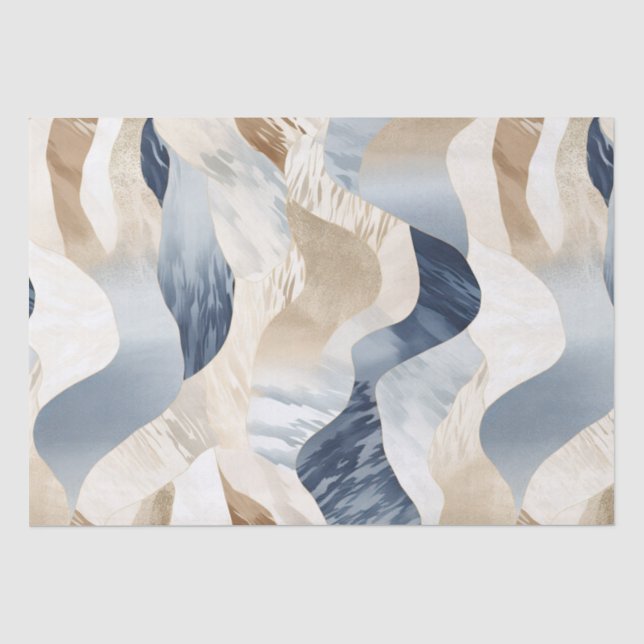 Papel De Seda Blue Cream Ivory Abstrato Waves Beach (Frente )