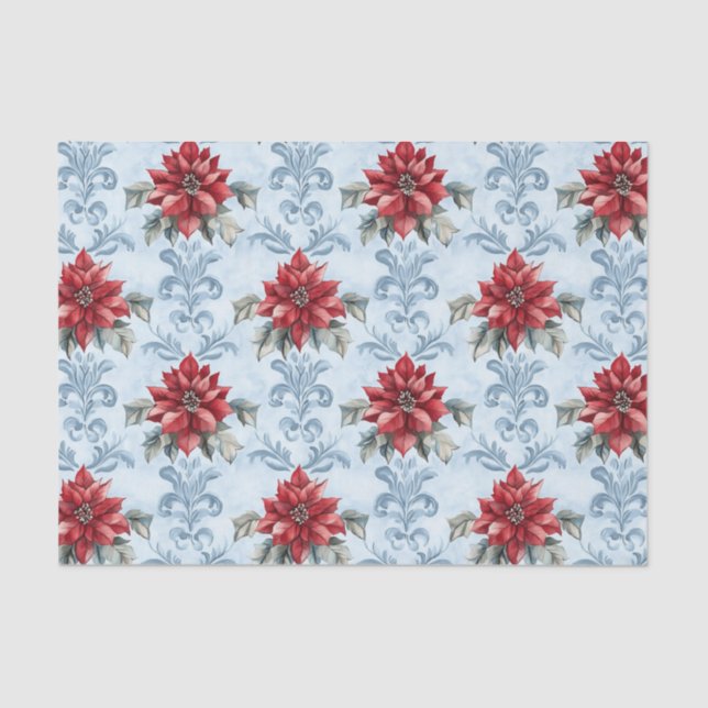 Papel De Seda Blue Damask Pattern with Red Poinsettia Flowers (Frente )