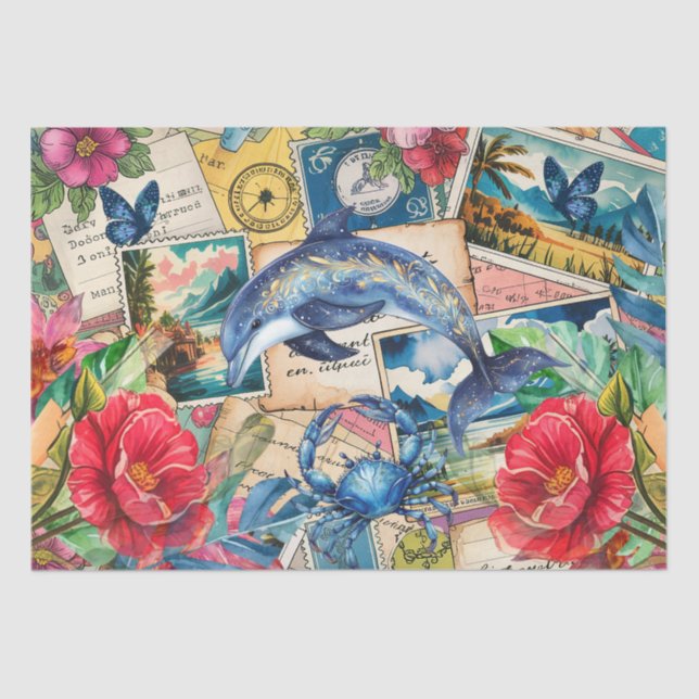 Papel De Seda Blue Dolphin Tropical Floral & Butterfly Decoupage (Frente )