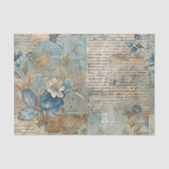 Papel De Seda Blue Floral Grungy Distressed Ephemera Collage (Frente )