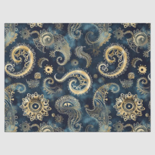 Papel De Seda Blue Gold Engrenagens Steampunk Paisley Elegante