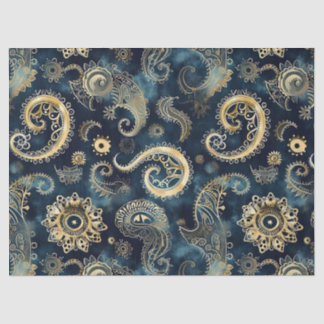 Papel De Seda Blue Gold Engrenagens Steampunk Paisley Elegante