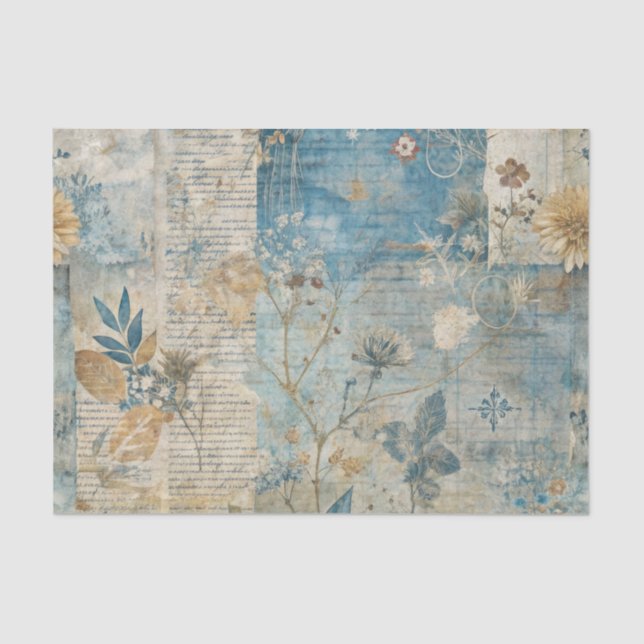 Papel De Seda Blue Grungy Distressed Floral Ephemera Collage (Frente )