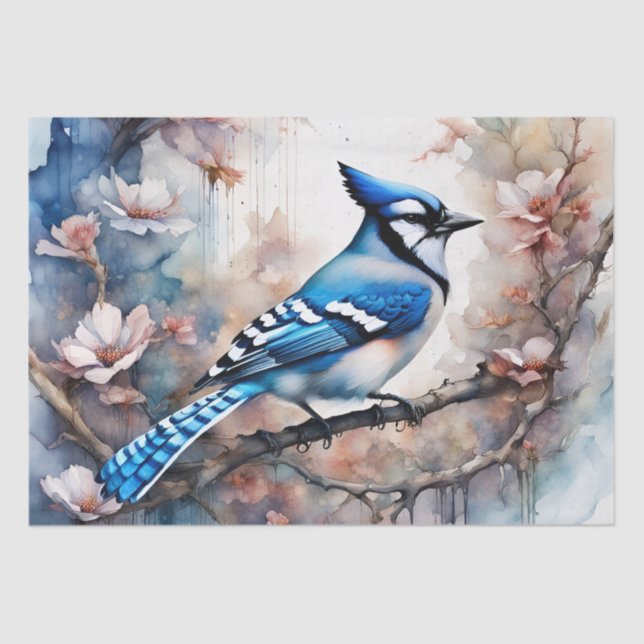 Papel De Seda Blue Jay Cherry Blossoms aquarela (Frente )