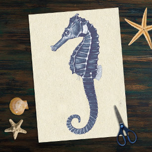Papel De Seda Blue Marine Life Seacavalo em Beige Antique Paper