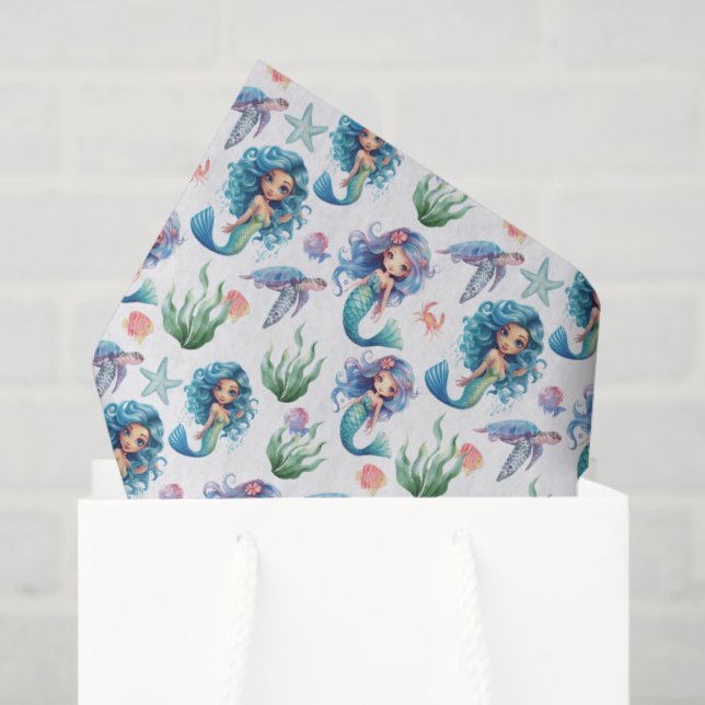 Papel De Seda Blue Mermaid Tissue Paper in White (Sacola de presentes)