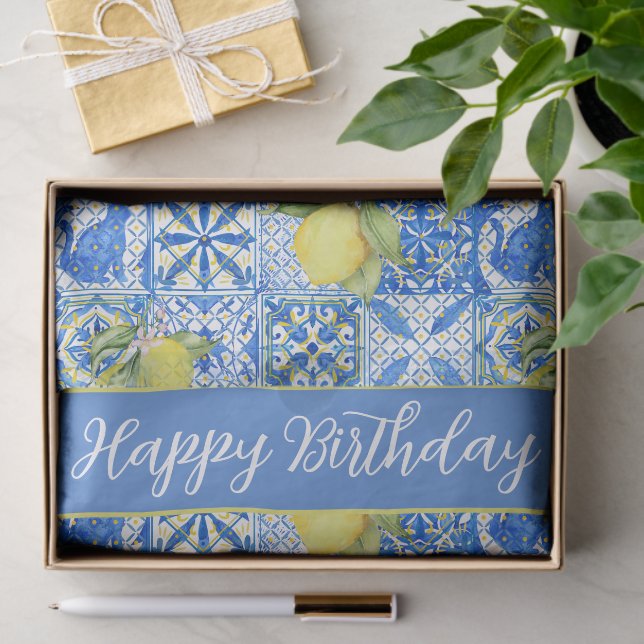 Papel De Seda Blue Tile French Country Lemon Pattern Name (Presente)