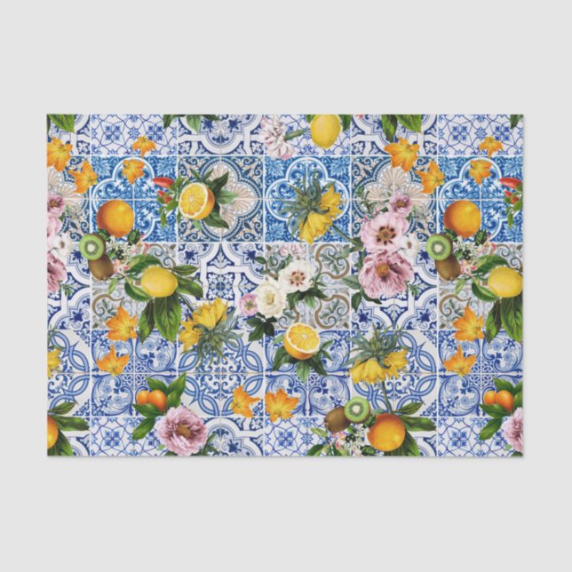 Papel De Seda Blue Tiles Mediterranean Pattern (Frente )