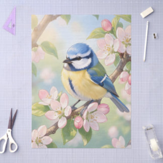 Papel De Seda  Blue Tit Bird on Apple Tree Spring Decoupage