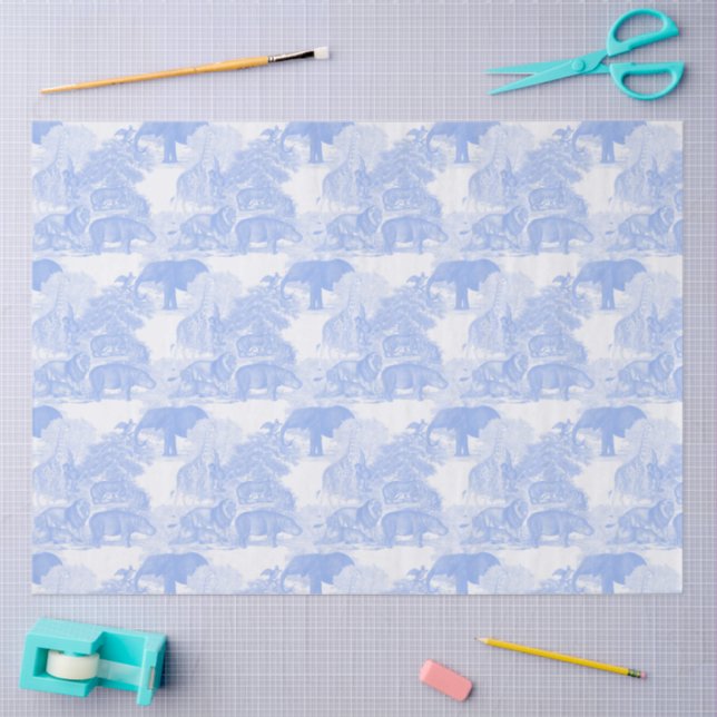Papel De Seda Blue Toile Selgle Animais Safari Chinoiserie (Arte )