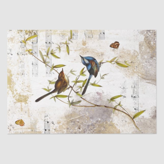 Papel De Seda Blue Warbler Bird Butterfly Dourada Decoupage (Frente )