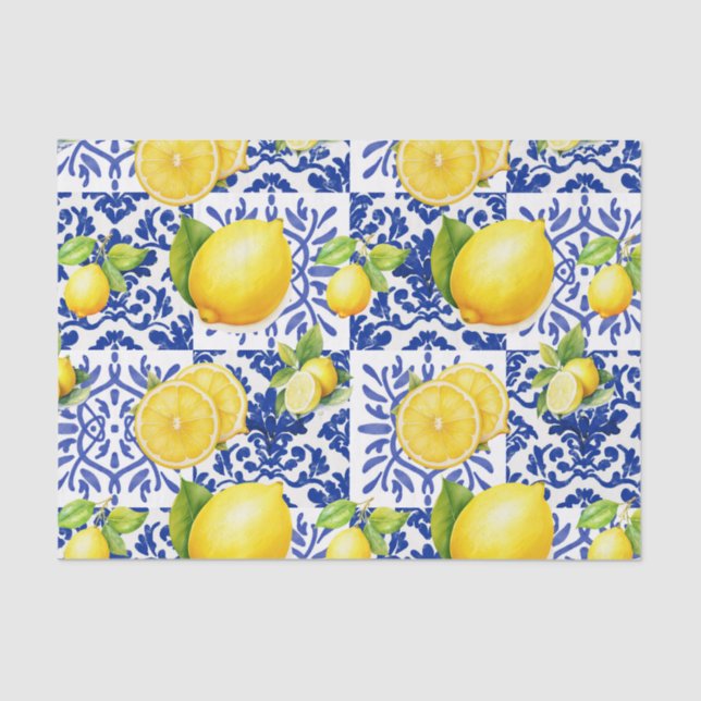 Papel De Seda Blue White Lemon Tile Pattern Mediterranean Citrus (Frente )