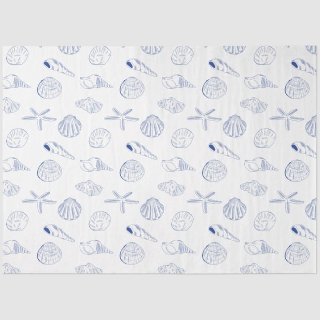 Papel De Seda Blue White Mand Drawn Sea Shels Beach Summer (Frente )