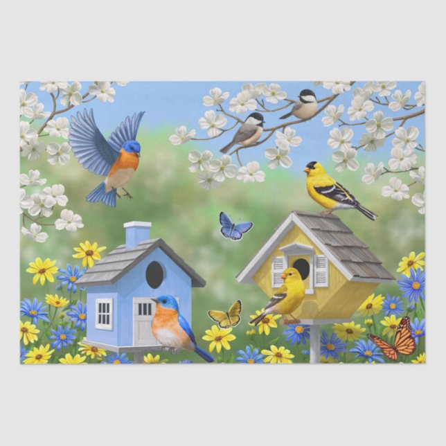 Papel De Seda Bluebird Goldfinches Birdhouses Fllower Garden (Frente )