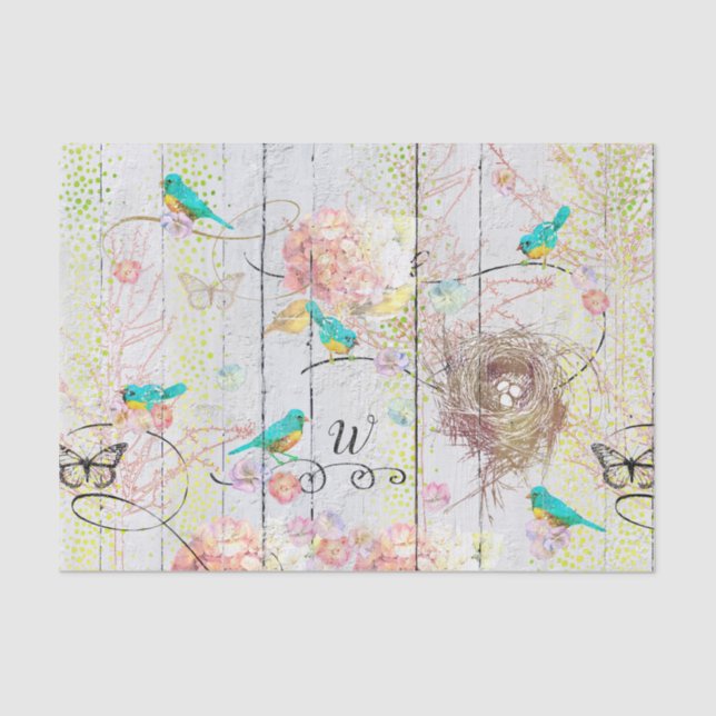 Papel De Seda Bluebird Nest Rosa Hydrangea Floral Monograma (Frente )