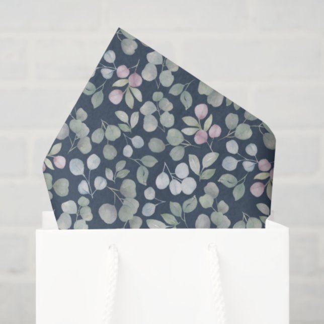 Papel De Seda Boho Blue & Green Watercolor Eucalyptus  (Sacola de presentes)