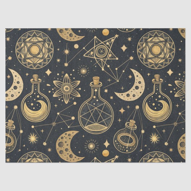 Papel De Seda Boho Celestial com Símbolos de Alquimia Dourados (Frente )