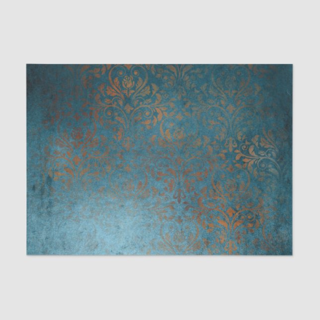 Papel De Seda Boho Copper Blue Damask Grunge (Frente )