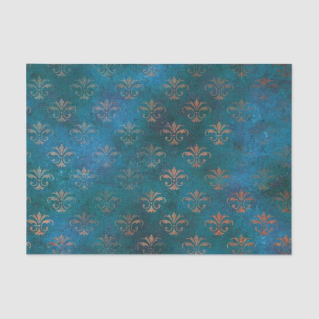 Papel De Seda Boho Copper Blue Grunge Heraldic Floral (Frente )