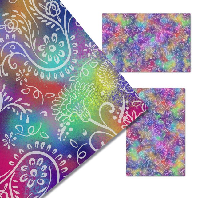 Papel De Seda Boho Flowers White Line Art on Tie Dyed Look (Criador carregado)