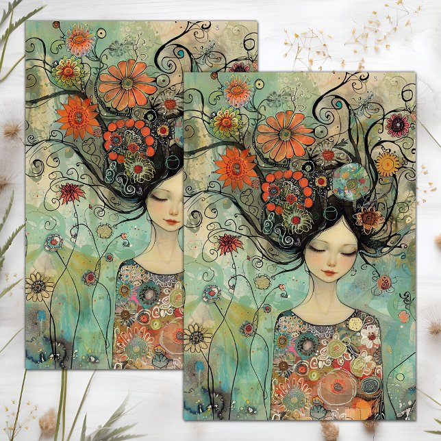 PAPEL DE SEDA BOHO FLOWGIRL DECOUPAGE (BOHO FLOWER GIRL DECOUPAGE TISSUE PAPER)