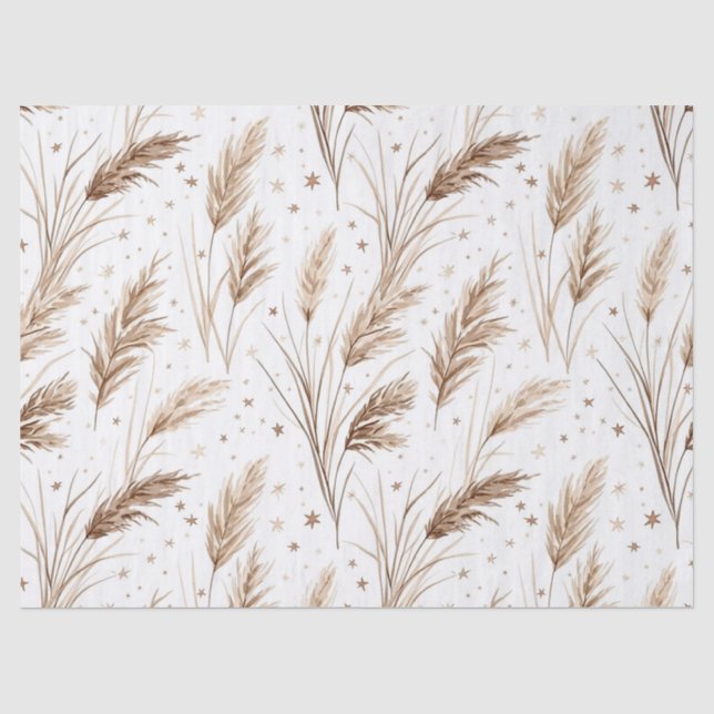 Papel De Seda Boho Grama Pampas Bege Marrom Padrão de Estrela (1 (Frente )