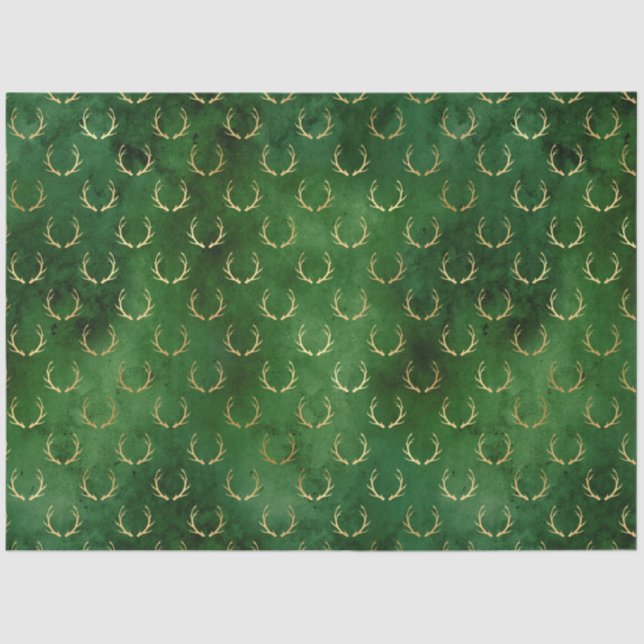 Papel De Seda Boho Green Dourado Antlers Natal (Frente )