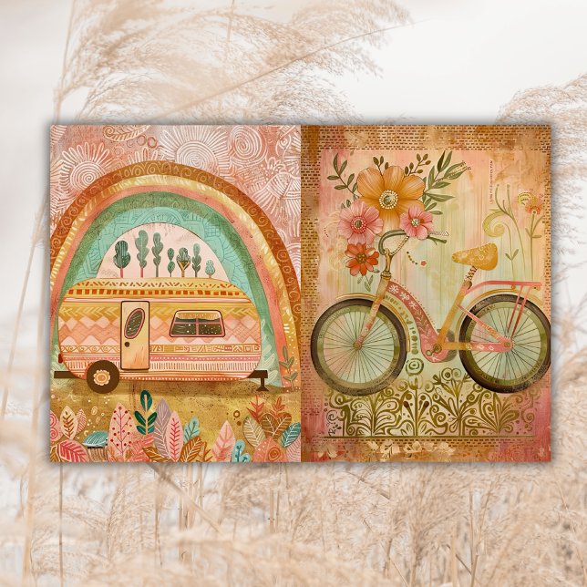 Papel De Seda Boho Hippie Watercolor Camper Bike Diário (Criador carregado)