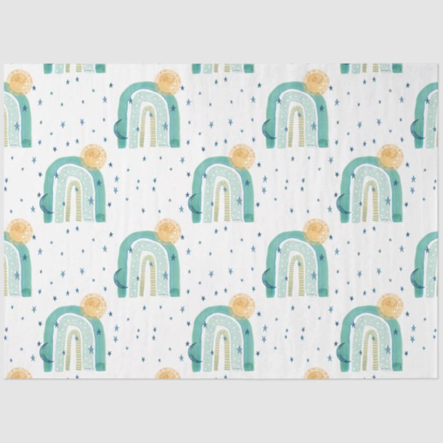 Papel De Seda Boho Moderno Arco-Íris Teto Azul Sol Lua Estrelas  (Frente )