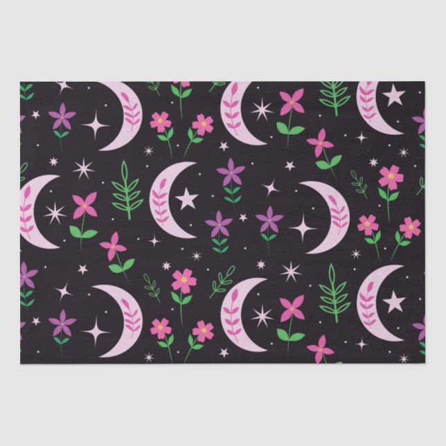 Papel De Seda Boho Moon com Flores e Folhas Rosas (Frente )