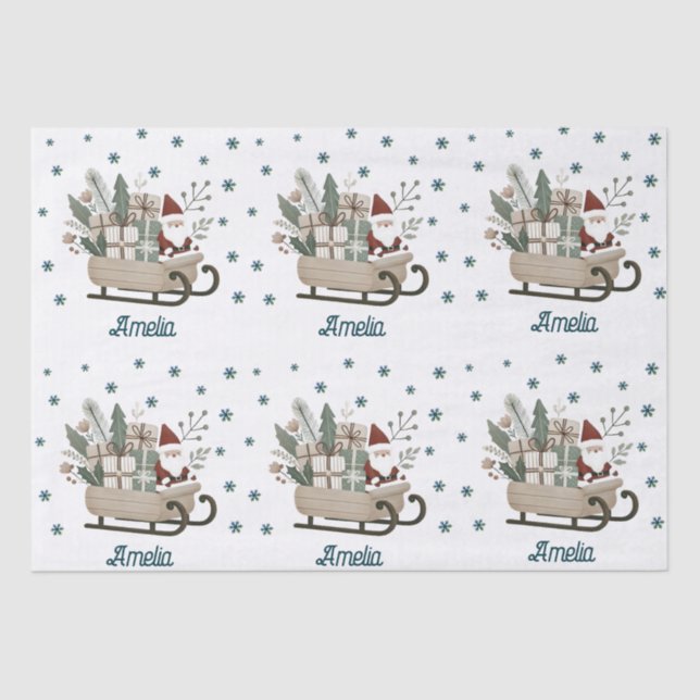 Papel De Seda Boho Papais noeis em Sleigh com Dons Snowflakes Na (Frente )